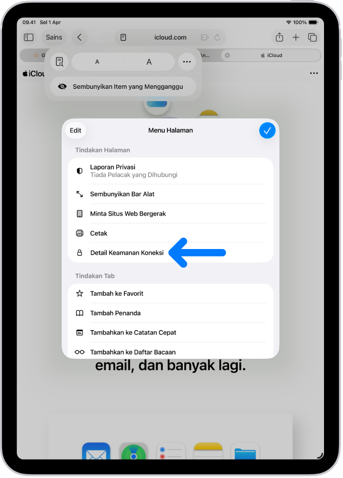 Menu Halaman terbuka di Safari, dan kontrol Detail Keamanan Koneksi berada di bagian bawah tengah halaman.