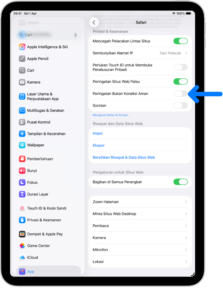 Kontrol Peringatan Koneksi Tidak Aman, yang terletak di bawah Privasi & Keamanan di layar Safari di Pengaturan.