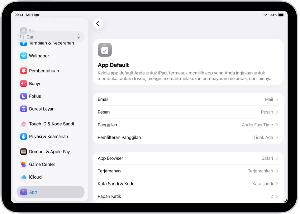 Layar untuk mengubah app default Anda untuk mengirim email, menelusuri web, dan lainnya.
