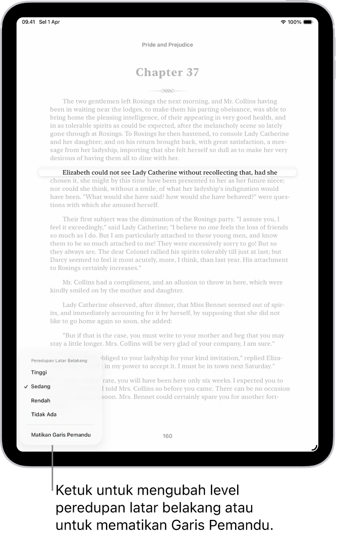 Halaman buku di app Buku. Satu baris teks disorot dan sisa teks diredupkan. Di pojok kiri bawah layar terdapat tombol Menu Garis Pemandu.