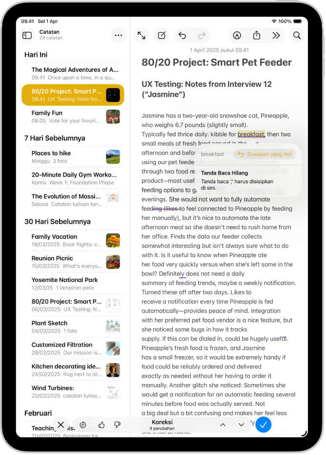 iPad yang menampilkan teks yang sedang diedit kesalahan tata bahasanya di app Catatan.