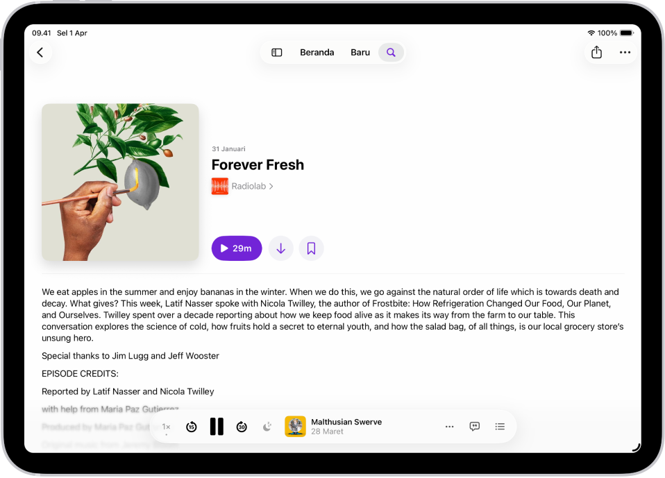 Halaman episode di app Podcast yang menampilkan detail episode dengan gambar dan tombol Putar di bagian tengah layar, dan MiniPlayer dengan kontrol pemutaran dan pilihan di bagian bawah.
