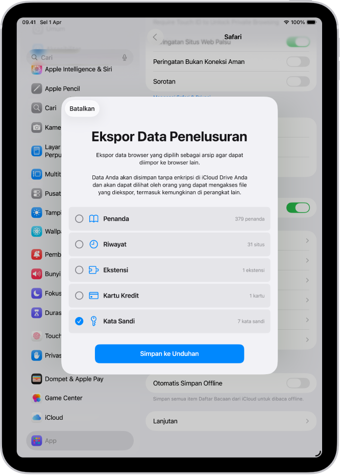 Layar Ekspor Data Penelusuran, dengan pilihan Kata Sandi yang dipilih untuk mengekspor ke pengelola kata sandi lain.