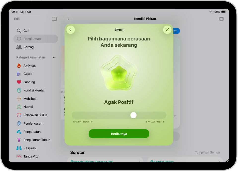 Layar di app Kesehatan mengidentifikasi suasana hati saat ini sebagai Agak Positif. Di bagian bawah layar terdapat penggeser untuk menyesuaikan level emosi.