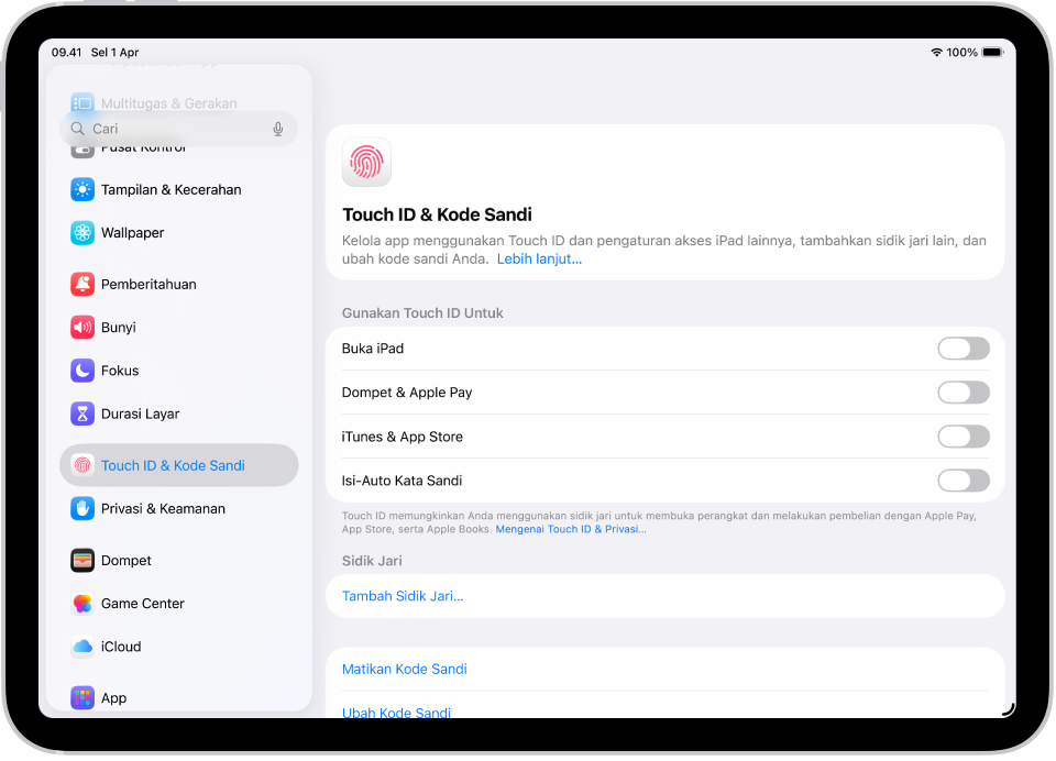 Layar yang menampilkan pengaturan untuk Touch ID & Kode Sandi, dengan pilihan untuk menambahkan sidik jari dan menyalakan kode sandi.