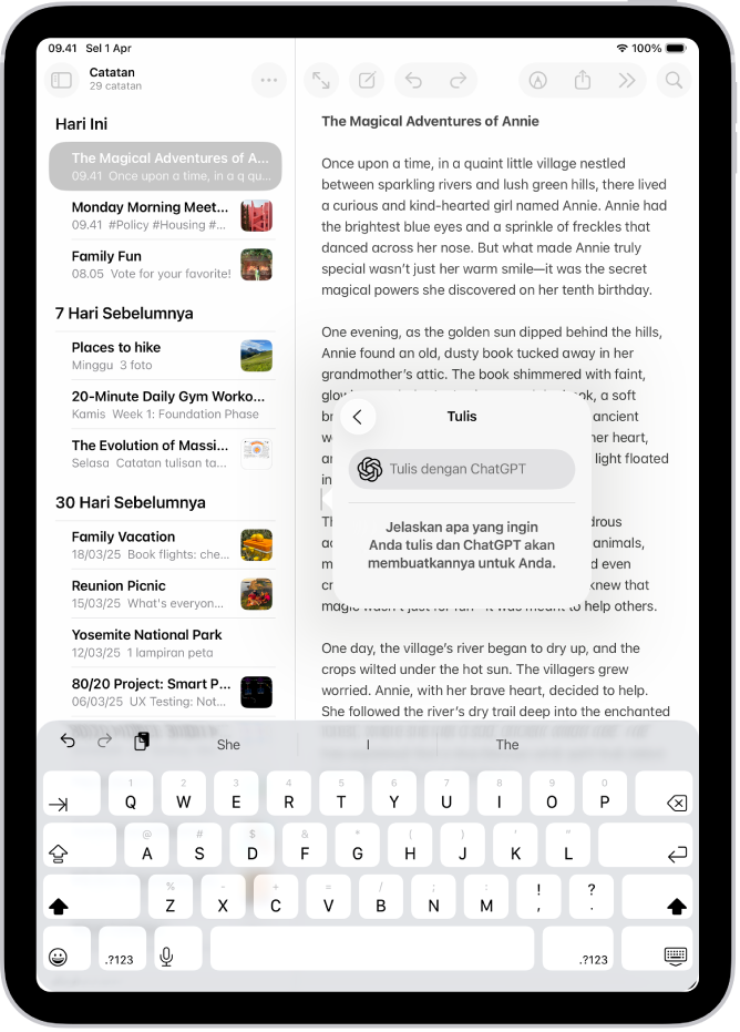 iPad yang menampilkan tulisan yang sedang ditulis di app Catatan. Di sebelah kanan layar terdapat dialog Tulis dengan Alat Tulis yang menyertakan pilihan untuk menjelaskan perubahan, memilih saran ChatGPT, dan lainnya.