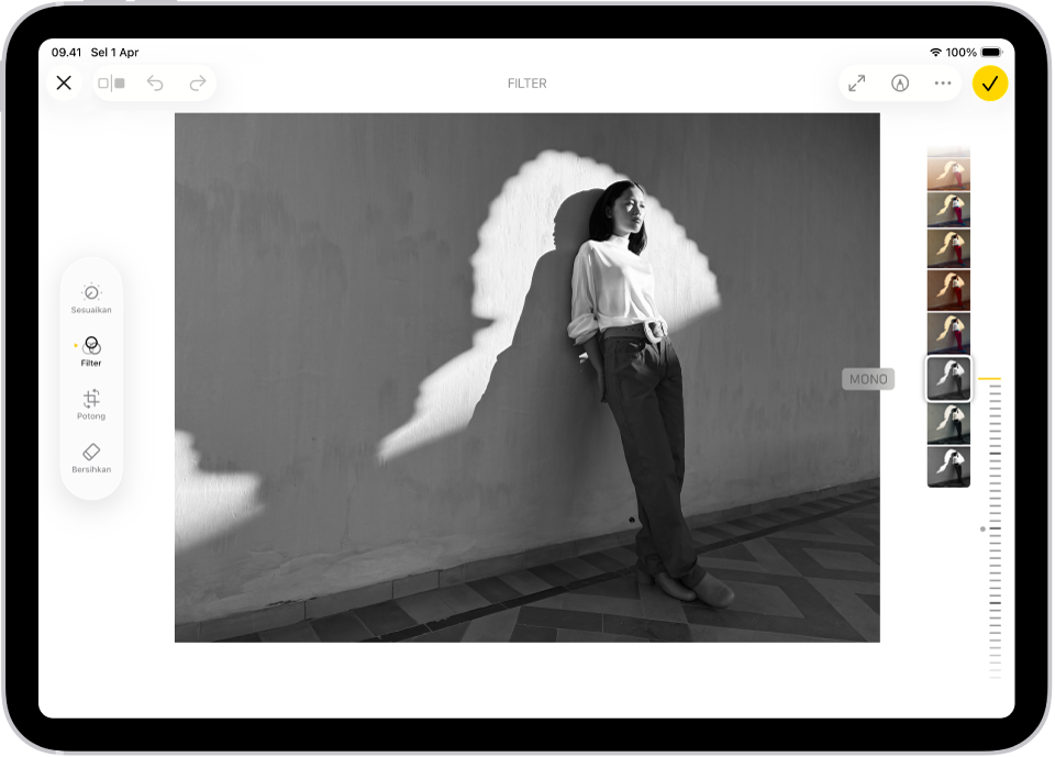 Layar Edit di app Foto dengan foto di pusat. Di sisi kiri layar terdapat tombol Sesuaikan, Filter, dan Potong; Filter dipilih. Di sisi kanan layar terdapat pilihan filter dan penggeser untuk menyesuaikan level efek filter.