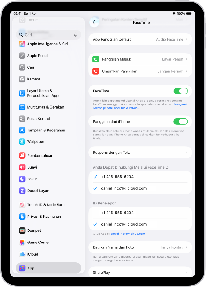 Layar Pengaturan FaceTime, menampilkan kontrol untuk menyalakan atau mematikan FaceTime dan nomor telepon dan alamat email yang digunakan untuk menghubungi Anda.