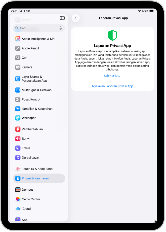 Layar Laporan Privasi App, tempat Anda dapat menyalakan laporan untuk menampilkan seberapa sering app menggunakan izin yang telah Anda berikan, beserta aktivitas jaringannya.