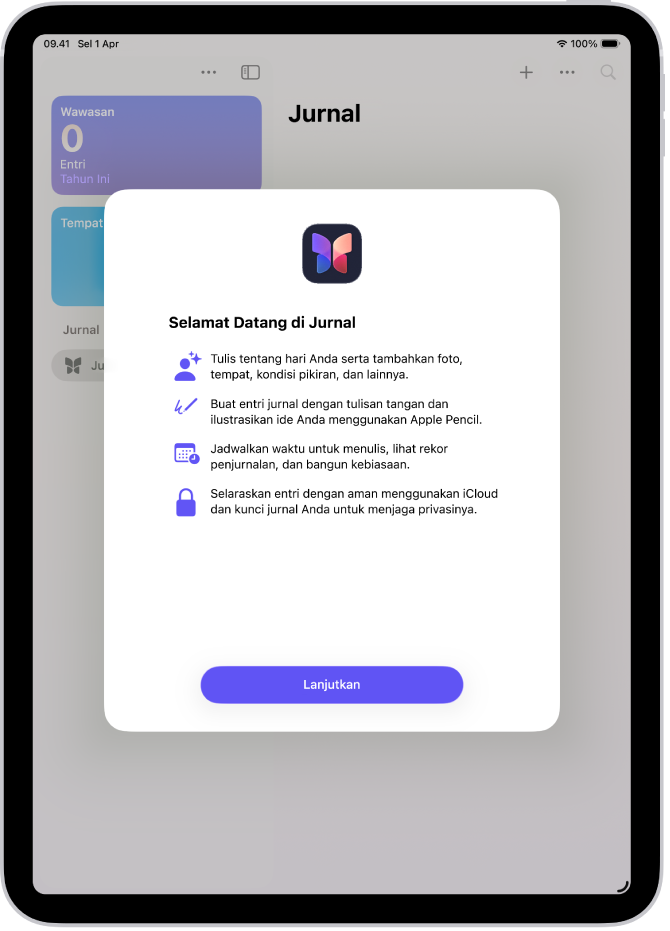 Layar selamat datang untuk app Jurnal.