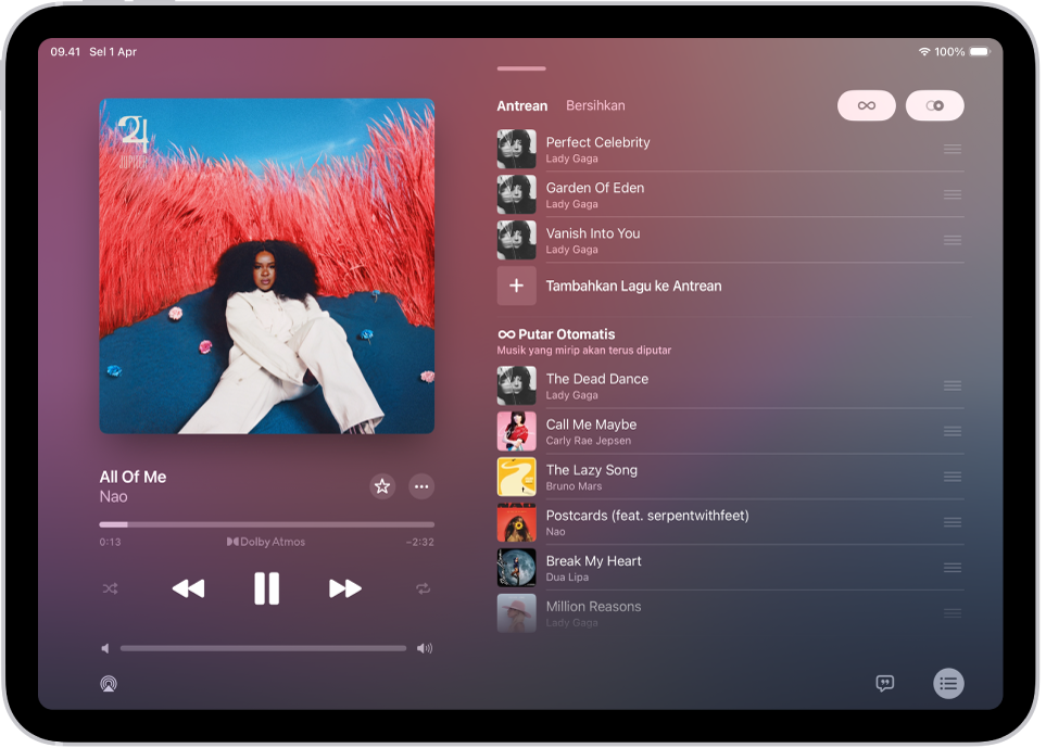 Layar Sedang Diputar yang menampilkan antrean dengan Putar Otomatis dan AutoMix dinyalakan. Lagu serupa muncul di bawah lagu di album.