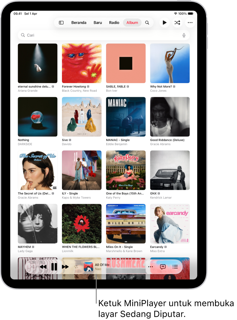 Layar Baru Ditambahkan Perpustakaan, yang menampilkan MiniPlayer di dekat bagian bawah. MiniPlayer menampilkan judul lagu yang diputar. Tombol Jeda dan Track Berikutnya berada di sebelah kanan judul lagu.