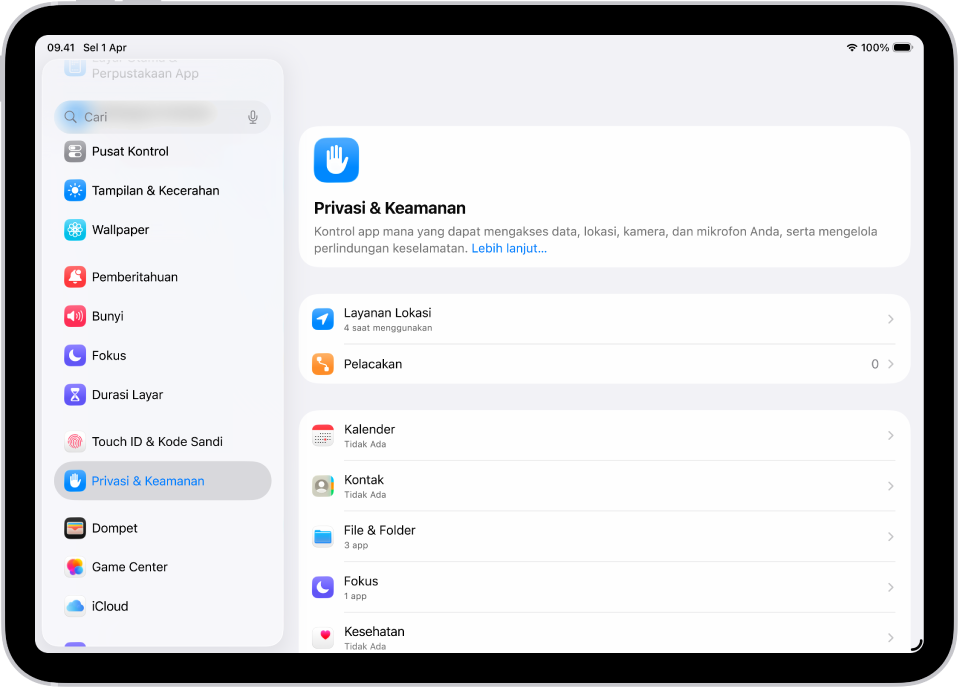 Layar Pengaturan yang menampilkan pilihan Privasi & Keamanan seperti Layanan Lokasi dan Pelacakan.