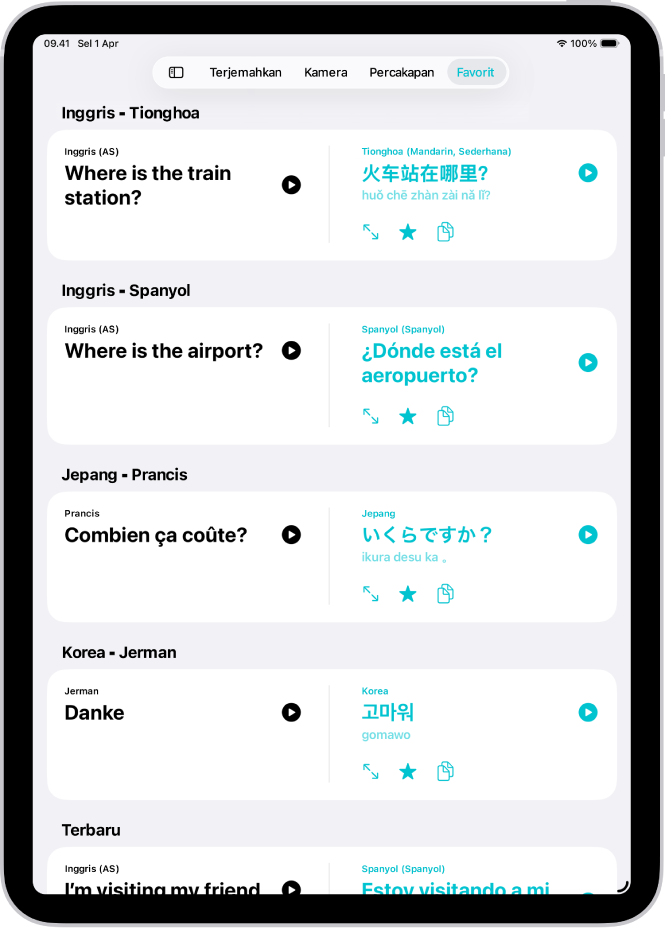 Tab Favorit, yang menampilkan frasa yang disimpan diterjemahkan ke berbagai bahasa.
