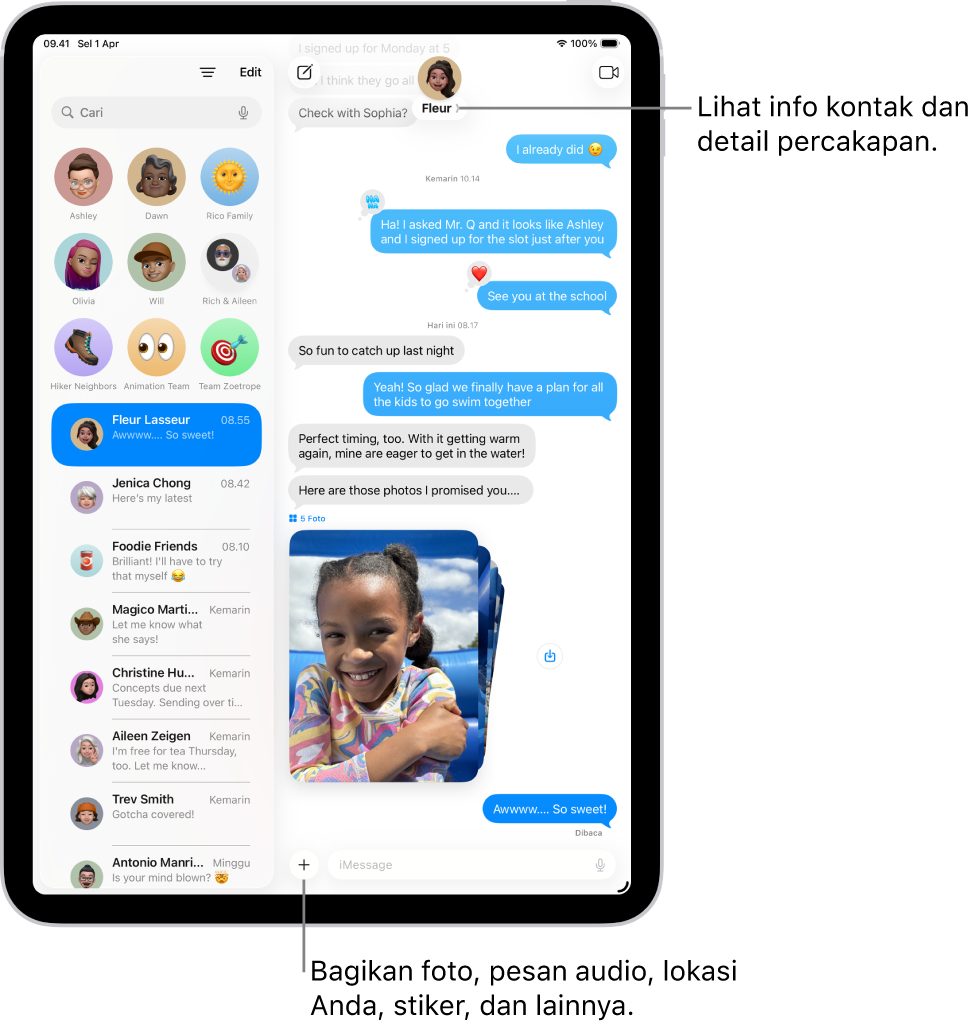 Daftar percakapan Pesan berada di sebelah kiri dan transkrip percakapan berada di sebelah kanan. Di bagian atas, mengetuk ikon kontak membuka detail percakapan.