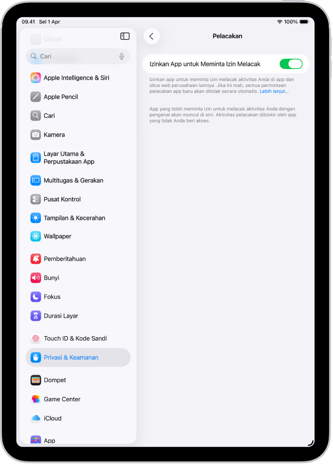 Layar Pelacakan, dengan pengaturan untuk mengontrol apakah app dapat meminta untuk melacak Anda di situs web atau app yang dimiliki oleh perusahaan lain.
