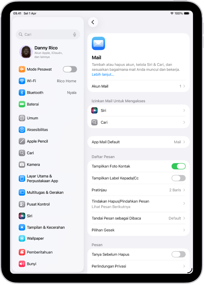 Layar pengaturan Mail.