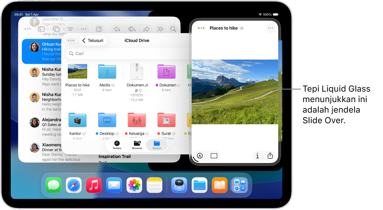 Tiga jendela app terbuka di layar, salah satunya adalah jendela Slide Over, seperti yang ditunjukkan oleh tepi Liquid Glass.