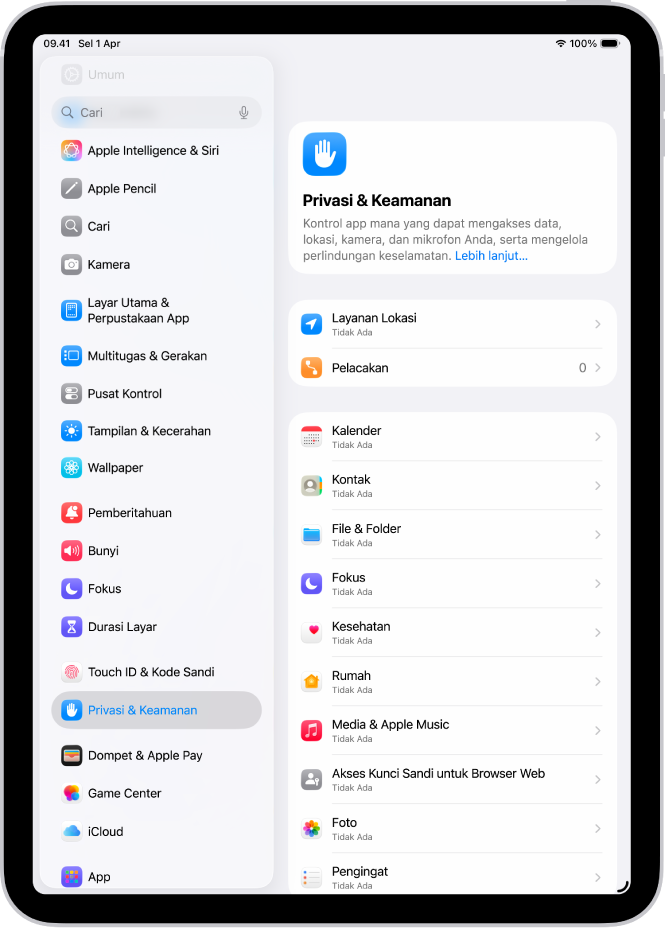 Layar Privasi & Keamanan, dengan pengaturan untuk Layanan Lokasi dan Pelacakan, serta pengaturan untuk mengontrol app mana yang dapat mengakses data Anda.