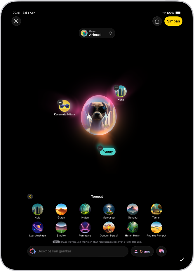 Jendela app Image Playground menampilkan gambar anjing yang memakai kacamata hitam.