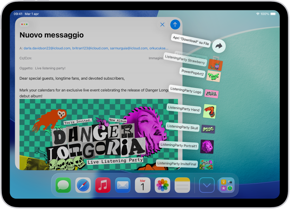 La schermata Home di iPad con i file che possono essere aperti dal Dock.