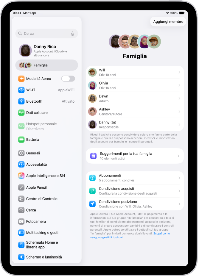 La schermata di “In famiglia” in Impostazioni. Sopra alle funzionalità che vengono condivise, sono presenti fino a cinque persone.