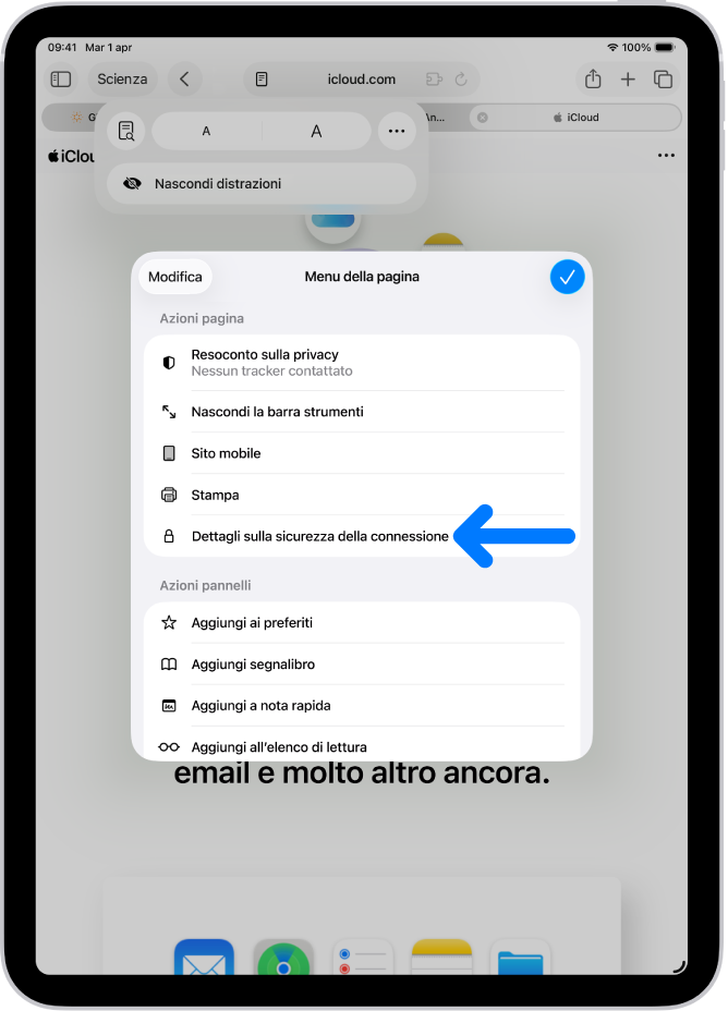 Il “Menu della pagina” è aperto in Safari e, a metà pagina, è visibile il controllo “Dettagli sulla sicurezza della connessione”.
