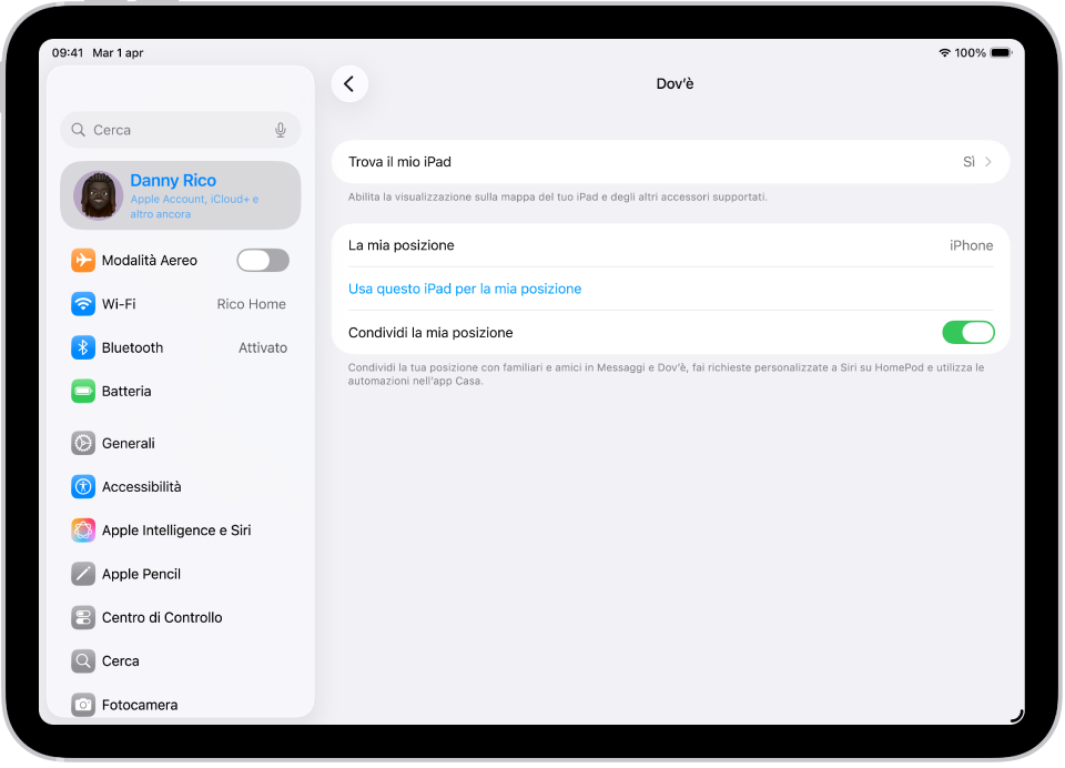 Una schermata con le impostazioni per l’app Dov’è e le opzioni per attivare Trova iPad e “Condividi la mia posizione”.