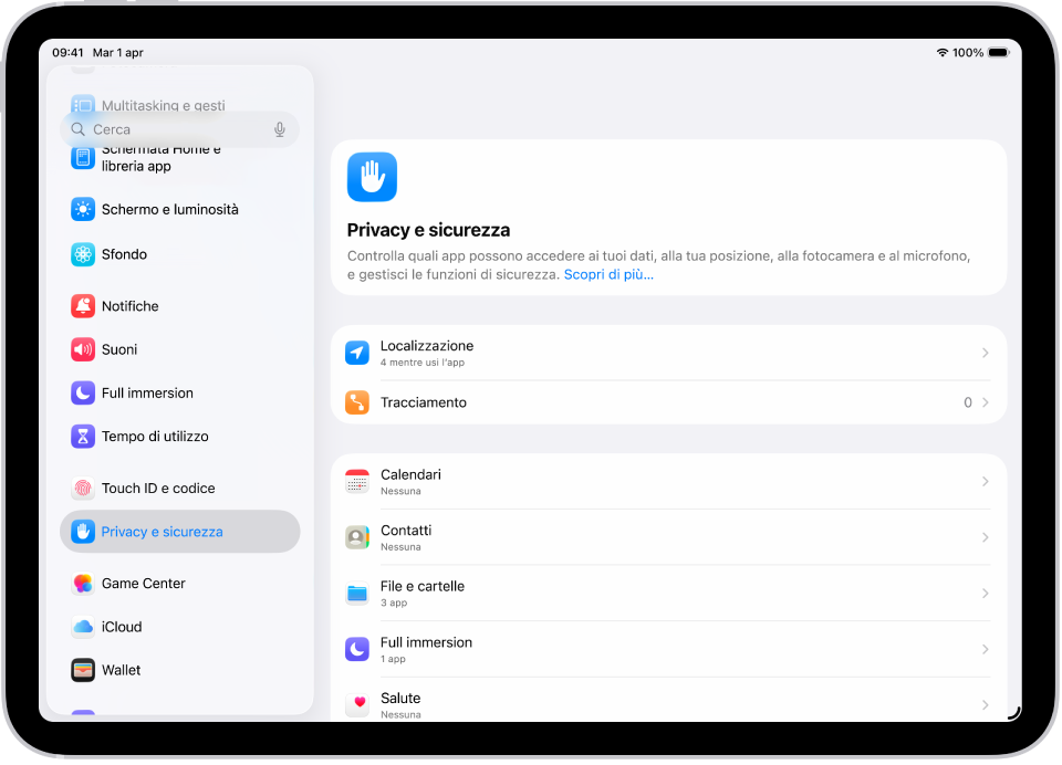 Una schermata di Impostazioni con le opzioni per la privacy e la sicurezza come la localizzazione e il tracciamento.