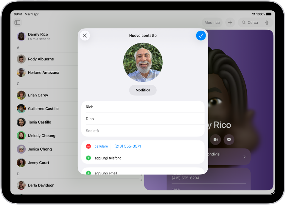 La finestra “Nuovo contatto” nell’app Contatti.