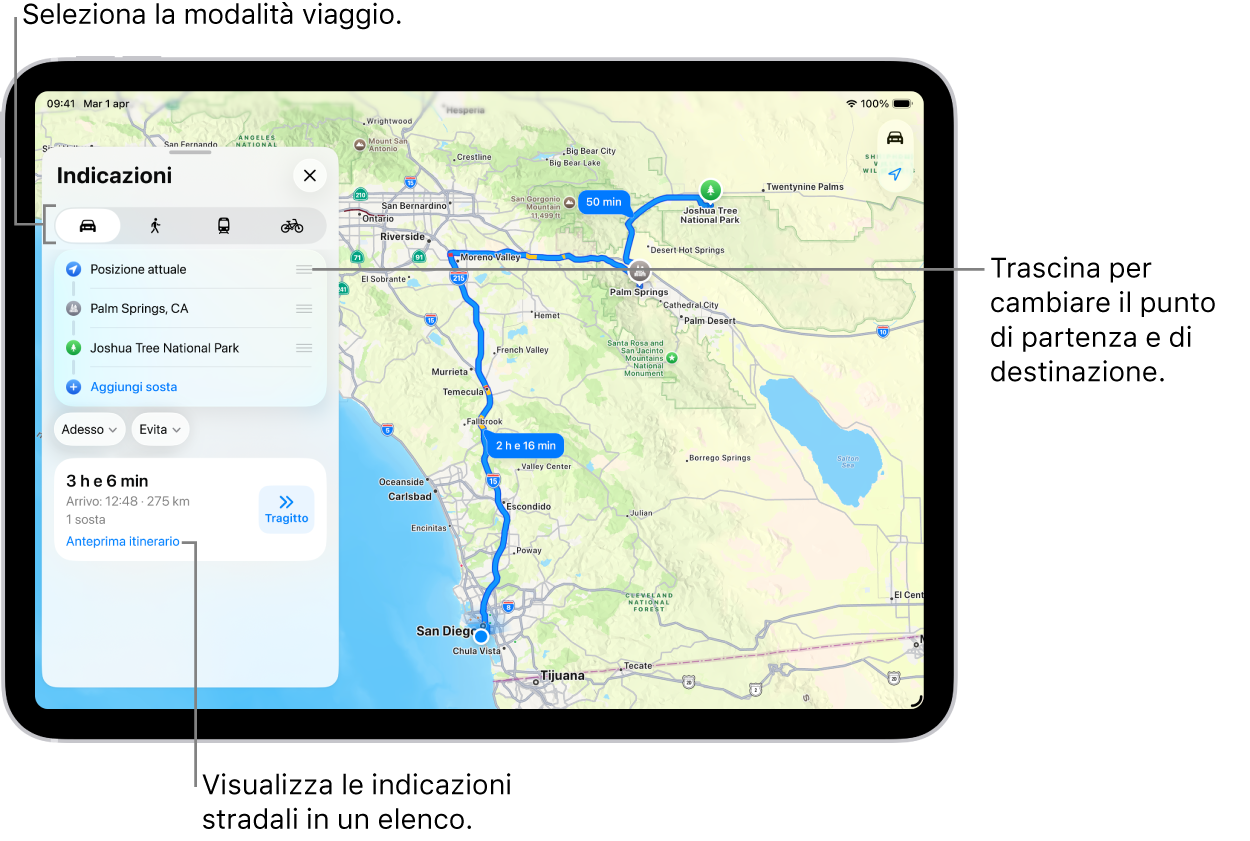 Una mappa, con diversi itinerari possibili tra la posizione attuale e la destinazione scelta in auto.