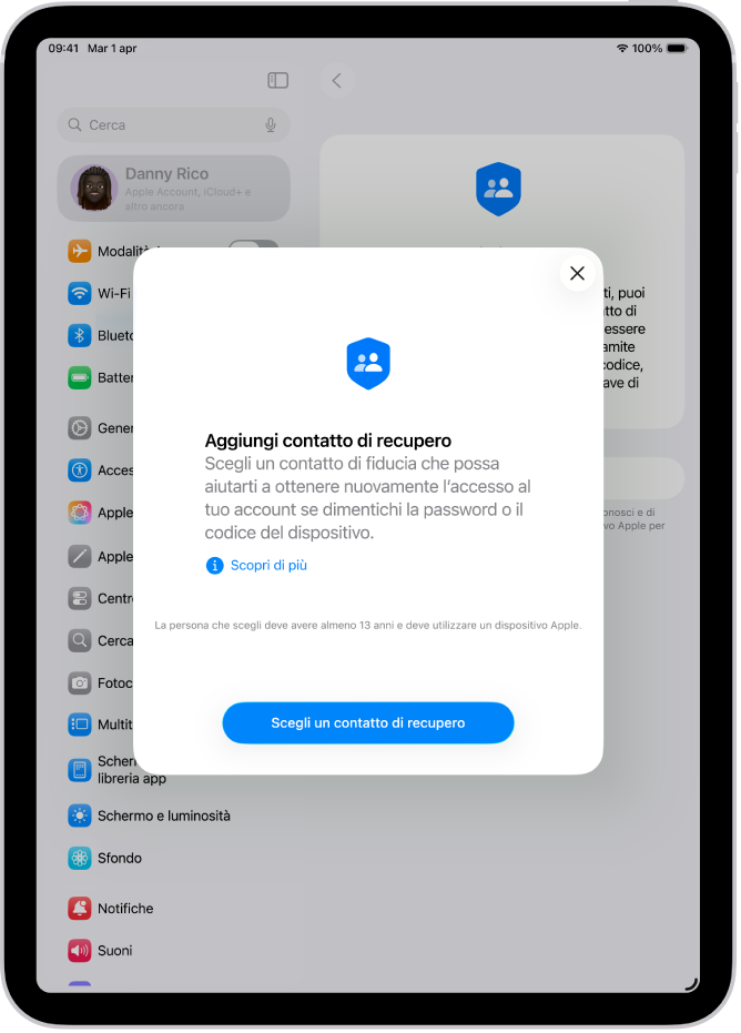 La schermata “Contatto per il recupero dell’account” con le informazioni sulla funzionalità. Il pulsante “Aggiungi un contatto di recupero” si trova nella parte inferiore della schermata