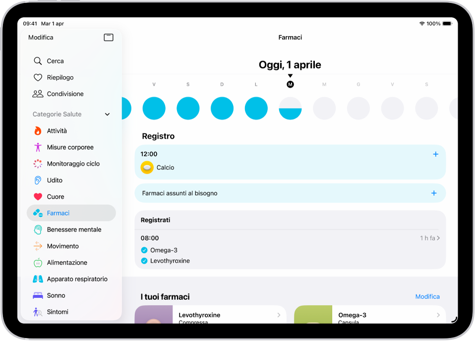 La schermata Farmaci in Salute che mostra la data e la registrazione per i farmaci.