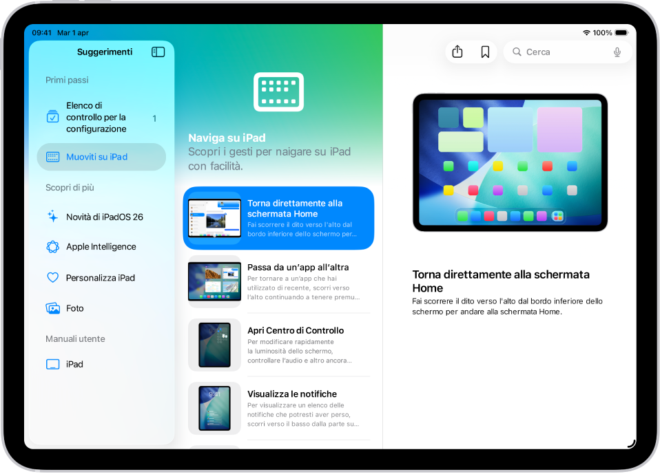Una schermata che mostra una raccolta di suggerimenti nella barra laterale sulla sinistra e un suggerimento selezionato sulla destra.