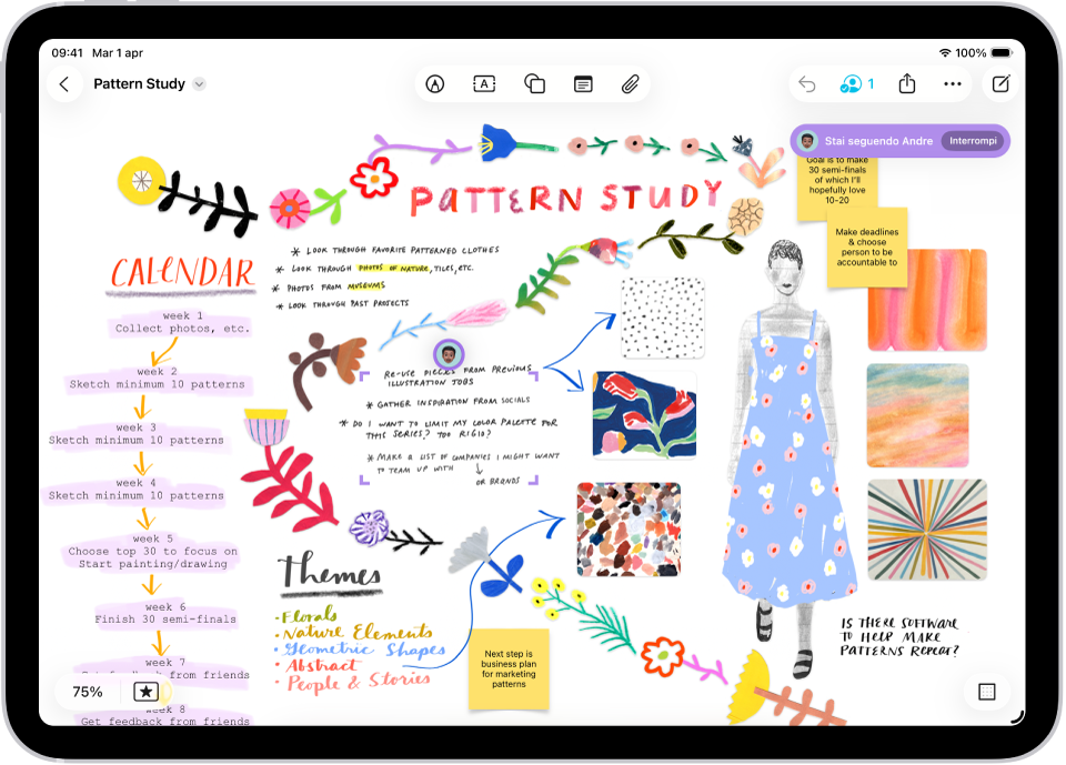 Qualcuno sta seguendo la lavagna di Freeform di un’altra persona. La selezione delle altre persone è contrassegnata e sono presenti avatar e contrassegni colorati.