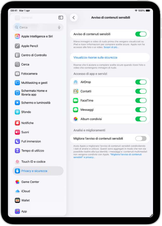 Le impostazioni per gli avvisi per i contenuti sensibili, con il pulsante “Visualizza risorse sulla sicurezza” e il pulsante “Migliora l’avviso di contenuti sensibili” per condividere dati di analisi e utilizzo con Apple.