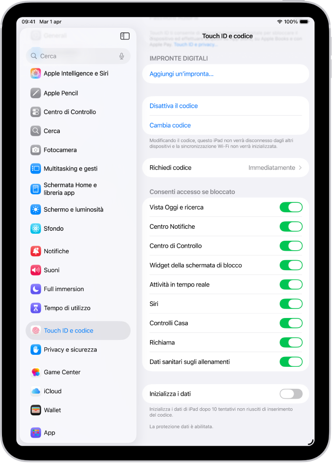 Le impostazioni “Face ID e codice” con le opzioni per consentire l’accesso a determinate funzionalità quando iPad è bloccato.