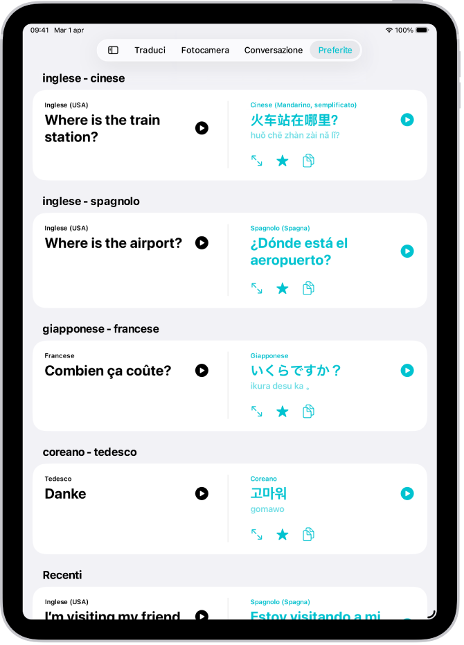 Il pannello Preferite, con le frasi salvate tradotte in varie lingue.