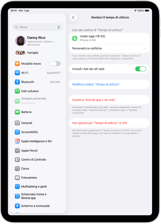 La schermata “Gestisci il tempo di utilizzo” per un bambino in un gruppo familiare, che mostra l’ultima volta che il codice è stato usato e su quale dispositivo.