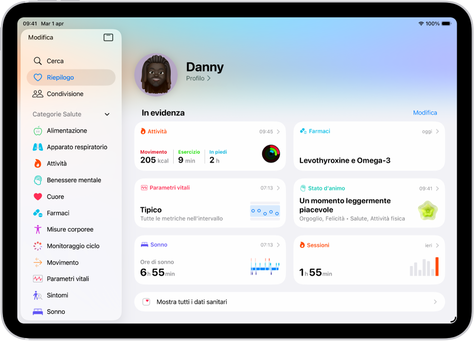 La schermata Riepilogo di Salute. Le informazioni sulle attività, sui farmaci, sui parametri vitali, sullo stato d’animo, sul sonno, sulla frequenza cardiaca e sugli allenamenti vengono visualizzati sotto a “In evidenza”.