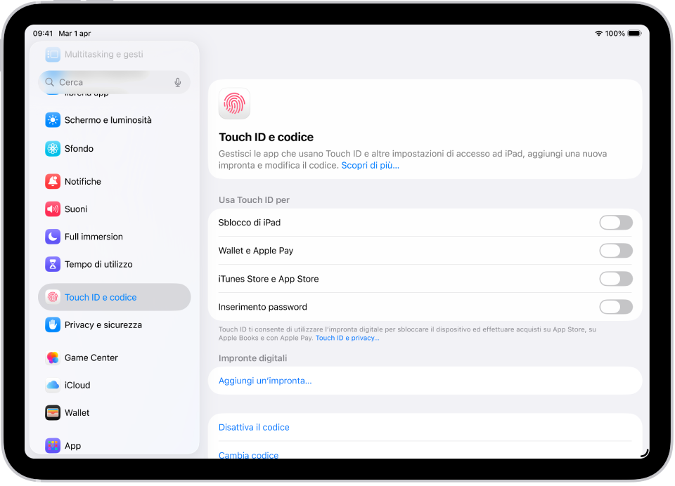Una schermata che mostra le impostazioni per Touch ID e per il codice, con le opzioni per aggiungere un’impronta digitale e attivare il codice.