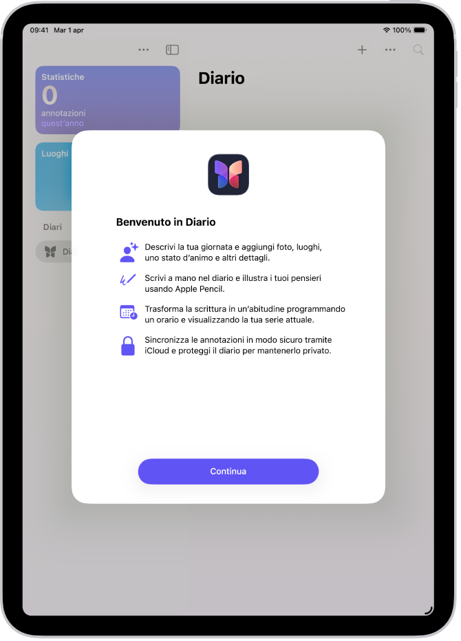 La schermata di benvenuto dell’app Diario.