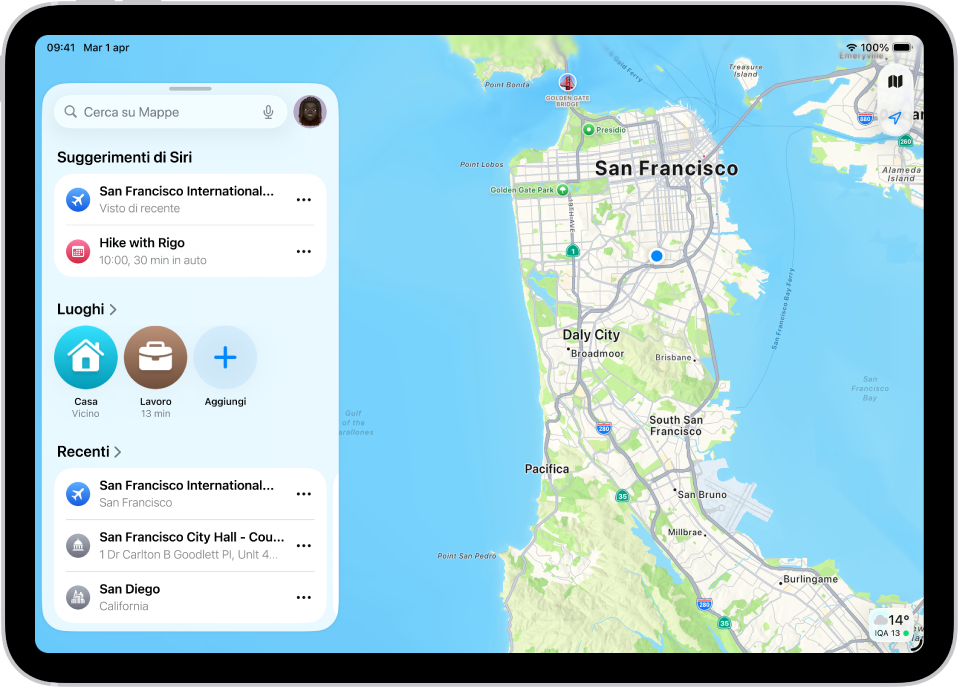 L’app Mappe con una mappa di un’area. Il campo di ricerca è in alto a destra, sotto, sono presenti i suggerimenti di Siri, i luoghi contrassegnati in Luoghi e le ricerche recenti.