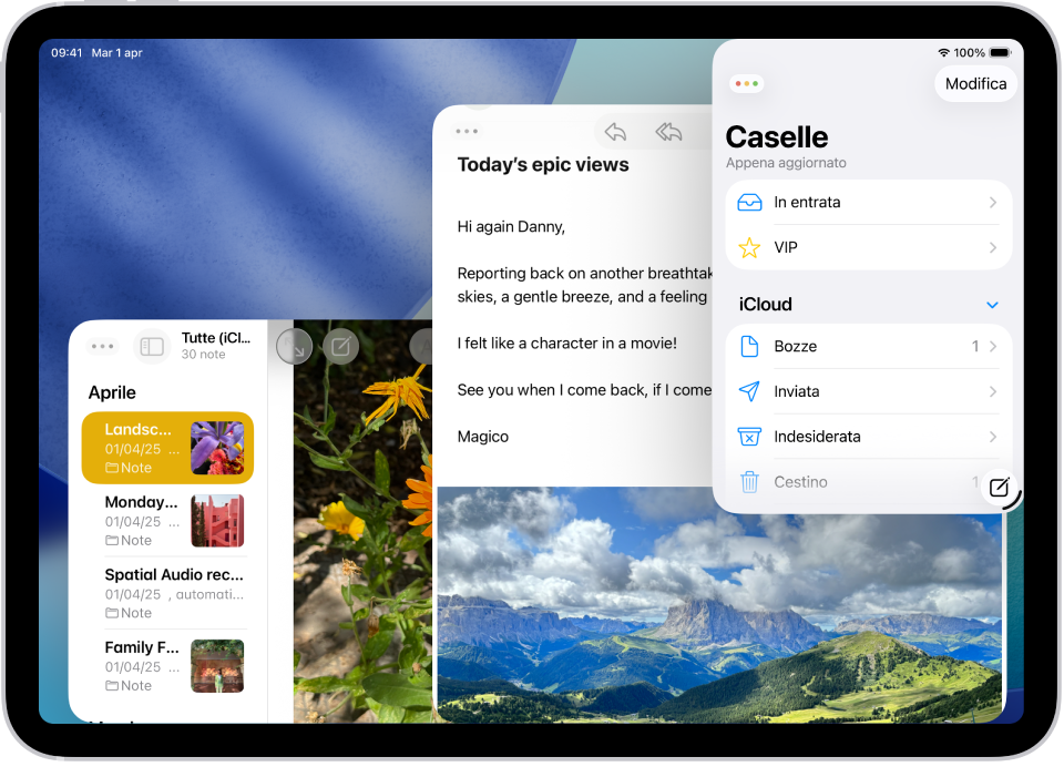 Una schermata di iPad che mostra un’attività in corso in due finestre di Mail e una finestra di Note.