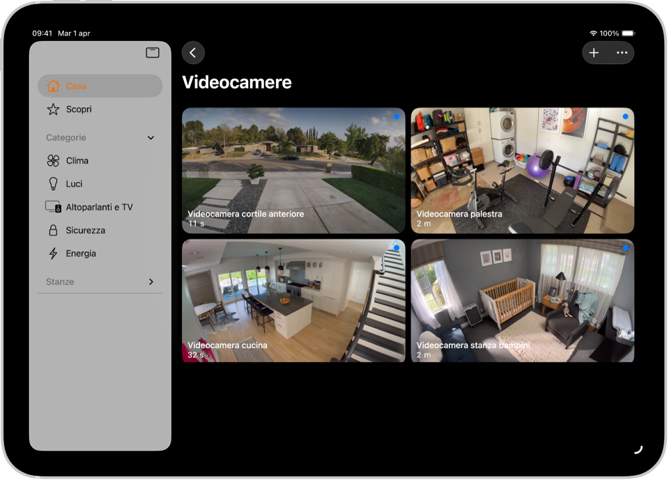 L’app Casa con la barra laterale sulla sinistra. L’opzione Casa è evidenziata. Sulla destra sono presenti le immagini da cinque videocamere di sicurezza.