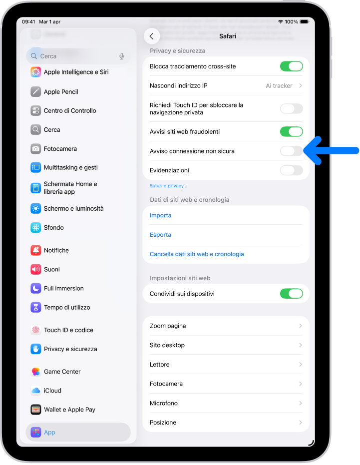 Il controllo “Avviso connessione non sicura”, che si trova sotto “Privacy e sicurezza” nella schermata Safari di Impostazioni.
