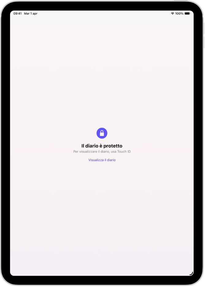 Una schermata nell’app Diario con un messaggio che chiede di utilizzare Touch ID per sbloccare il diario.