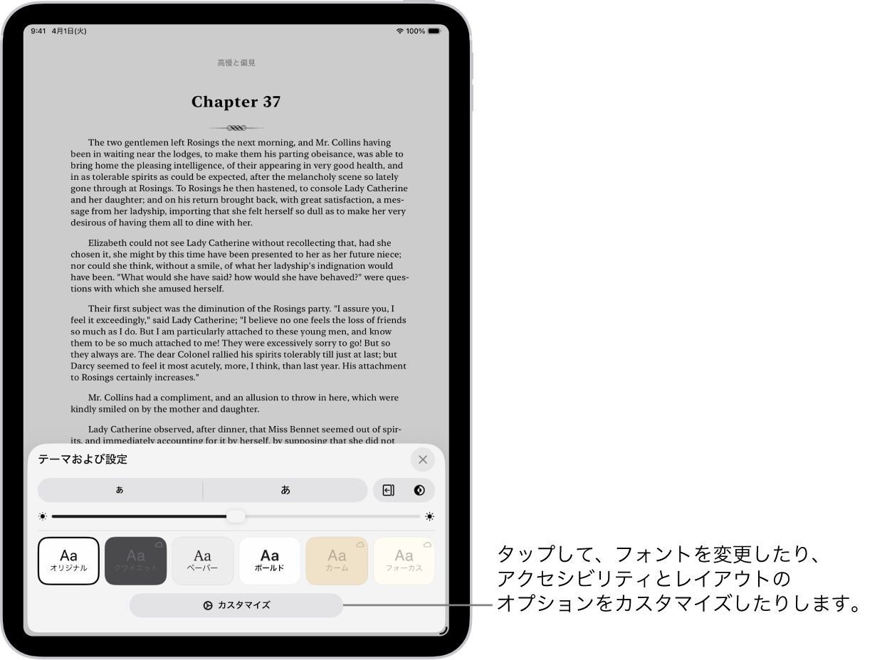 ブックアプリのブックのページ。「テーマおよび設定」オプション。フォントサイズ、ビューのスクロール、ページめくりスタイル、明るさ、フォンスタイルの各コントロールが表示されています。
