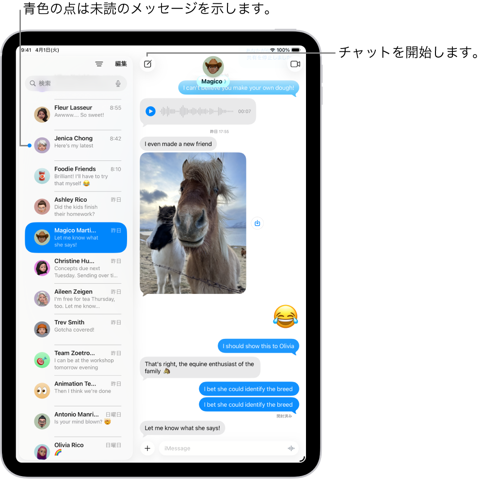 「メッセージ」。左側にチャットリストが表示され、右側に会話の記録が表示されています。未開封のメッセージが青いドットでマークされています。