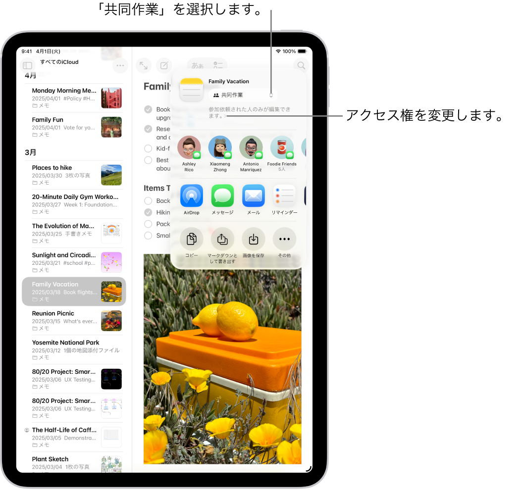 「メモ」のチェックリストの共同作業の参加依頼。共有オプションに「共同作業」、アクセスおよび権限の設定に「参加依頼された人だけが編集できます」と表示されています。その下の行には、グループを含む4人の受信者が表示されています。次の行には、メモを共有する方法としてAirDrop、メッセージ、メール、リマインダーが表示されています。最後の行には、メモをコピー、書き出し、保存するためのボタンがあります。